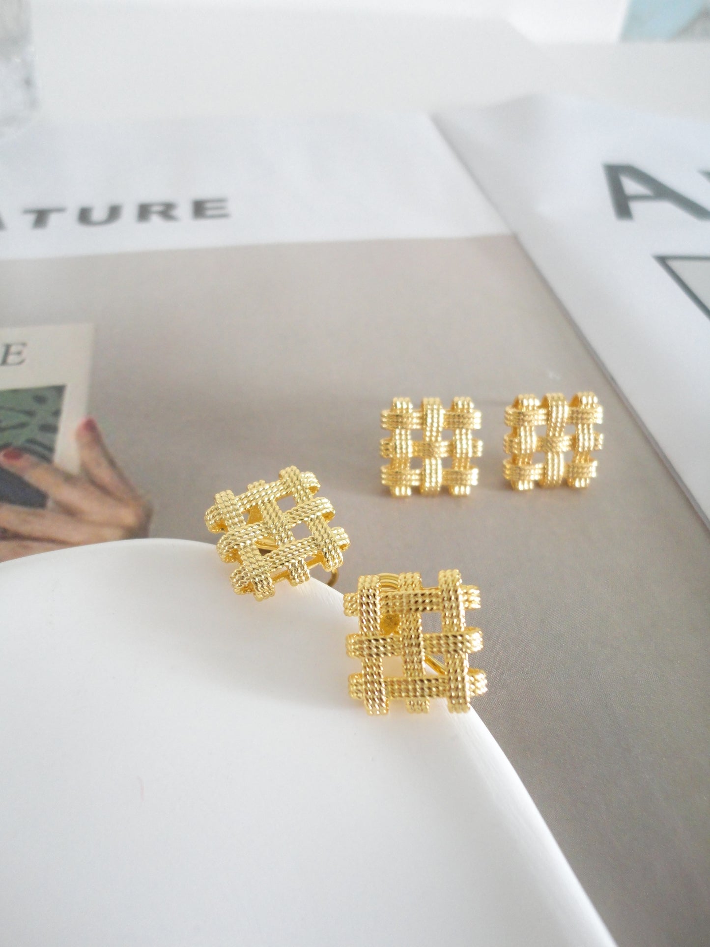 Golden Square Textured Stud Earrings. gold-tone, vintage clip-on earrings for women.