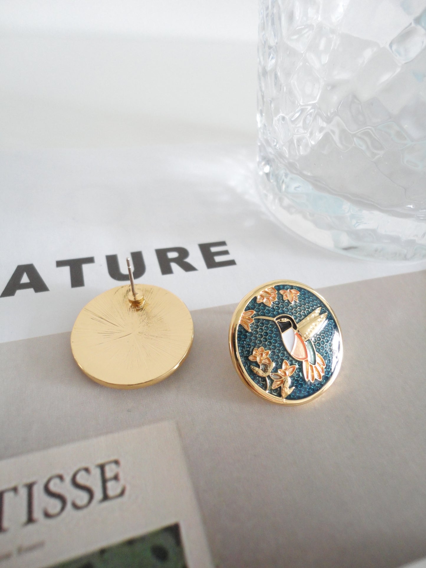 Vintage Bird Green Round Stud Earrings