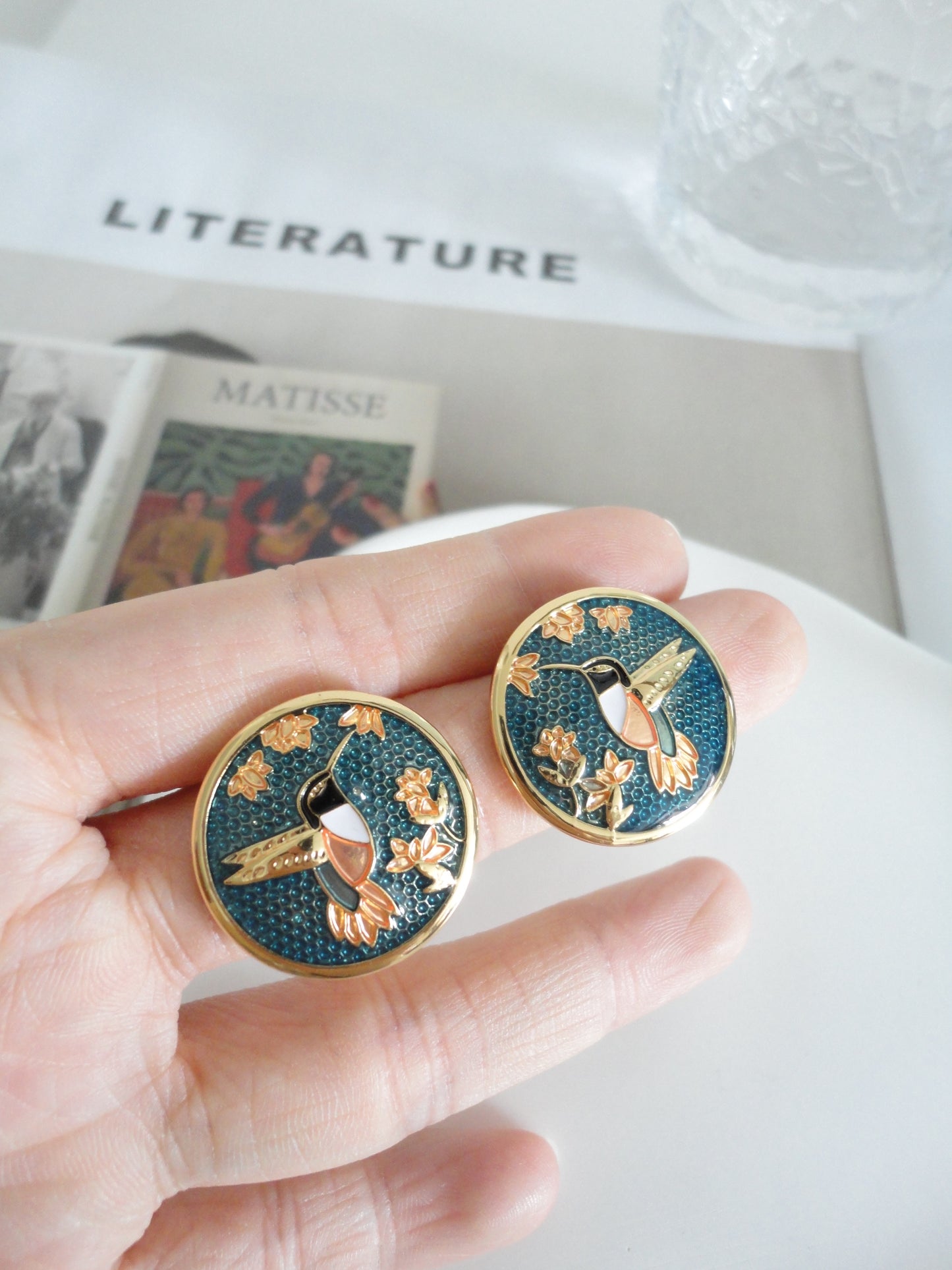 Vintage Bird Green Round Stud Earrings