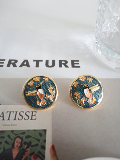 Vintage Bird Green Round Stud Earrings