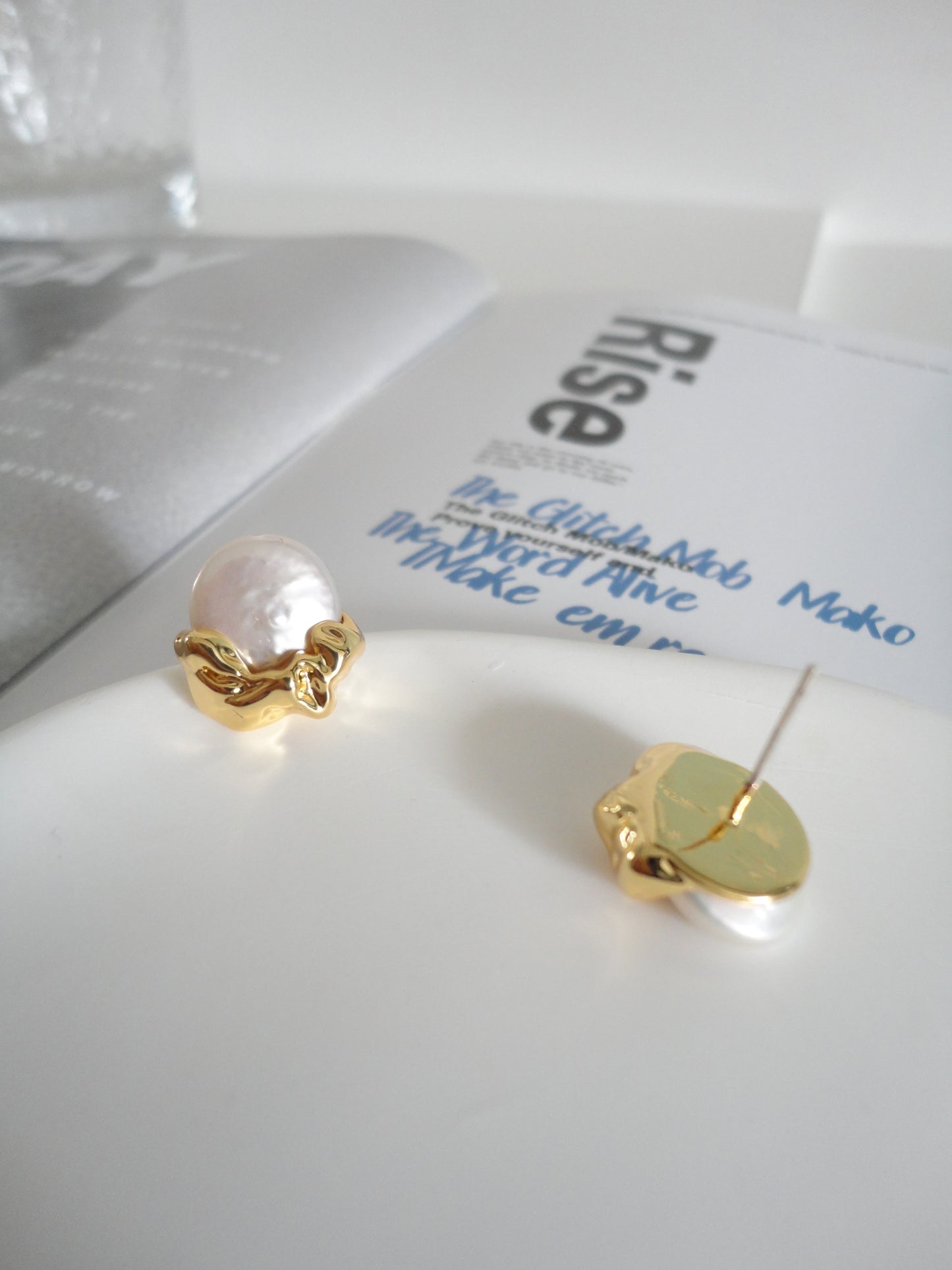 Golden Textured with Baroque Pearl Stud Earrings