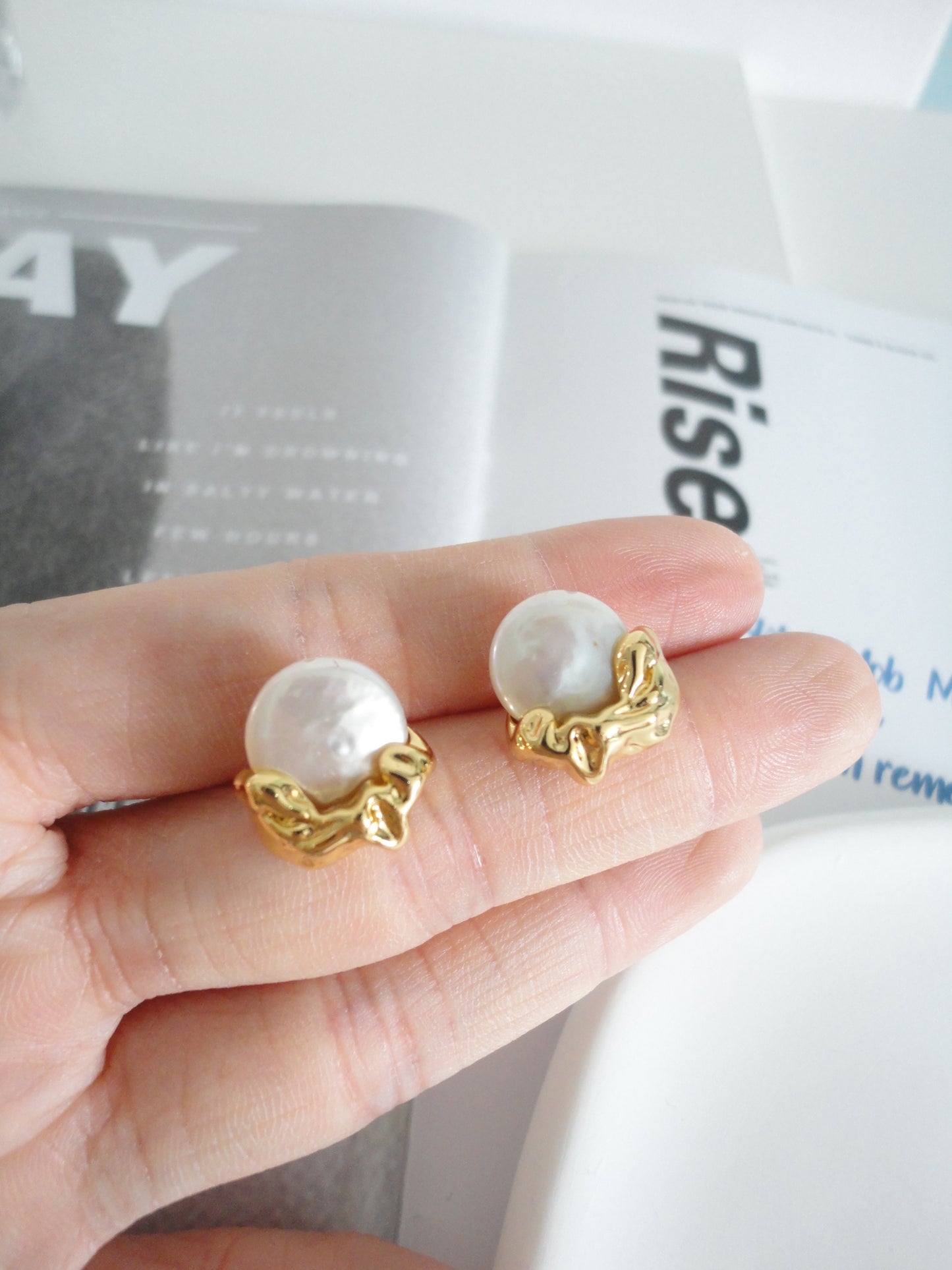 Golden Textured with Baroque Pearl Stud Earrings