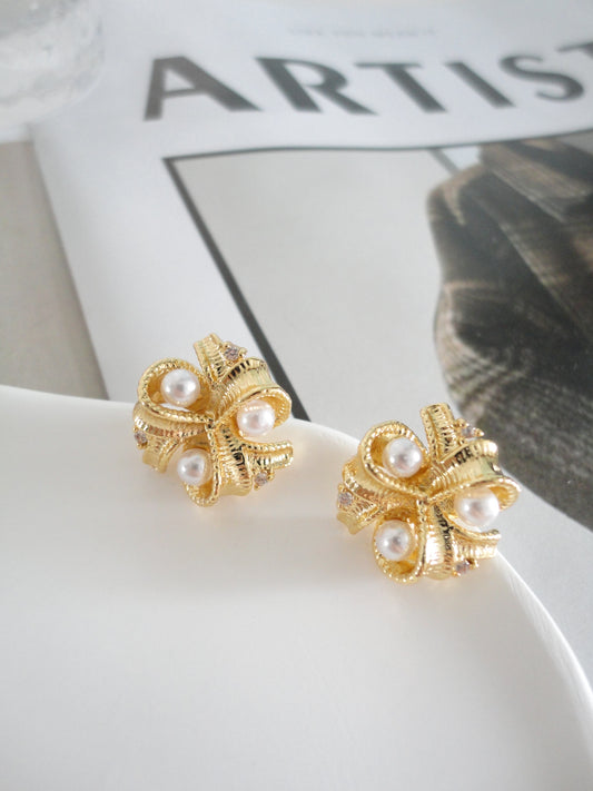 Golden Pearlised Flower Stud Earrings