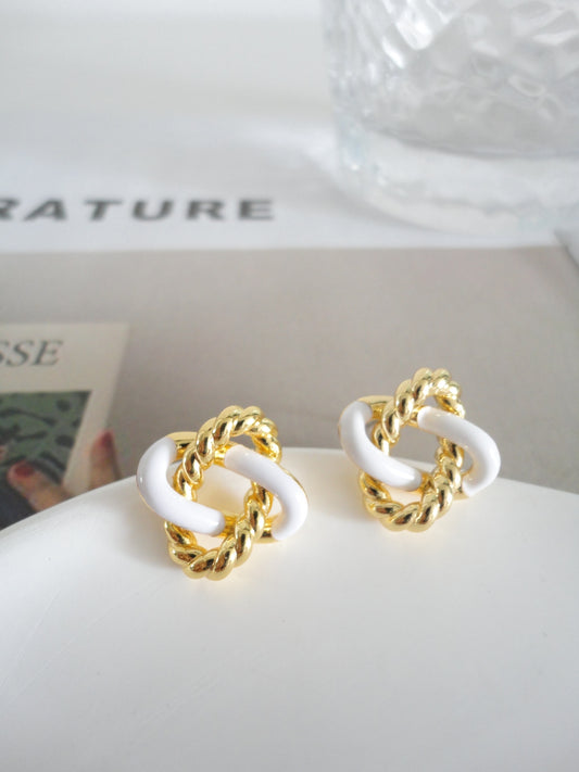 Golden and White Twist Stud Earrings