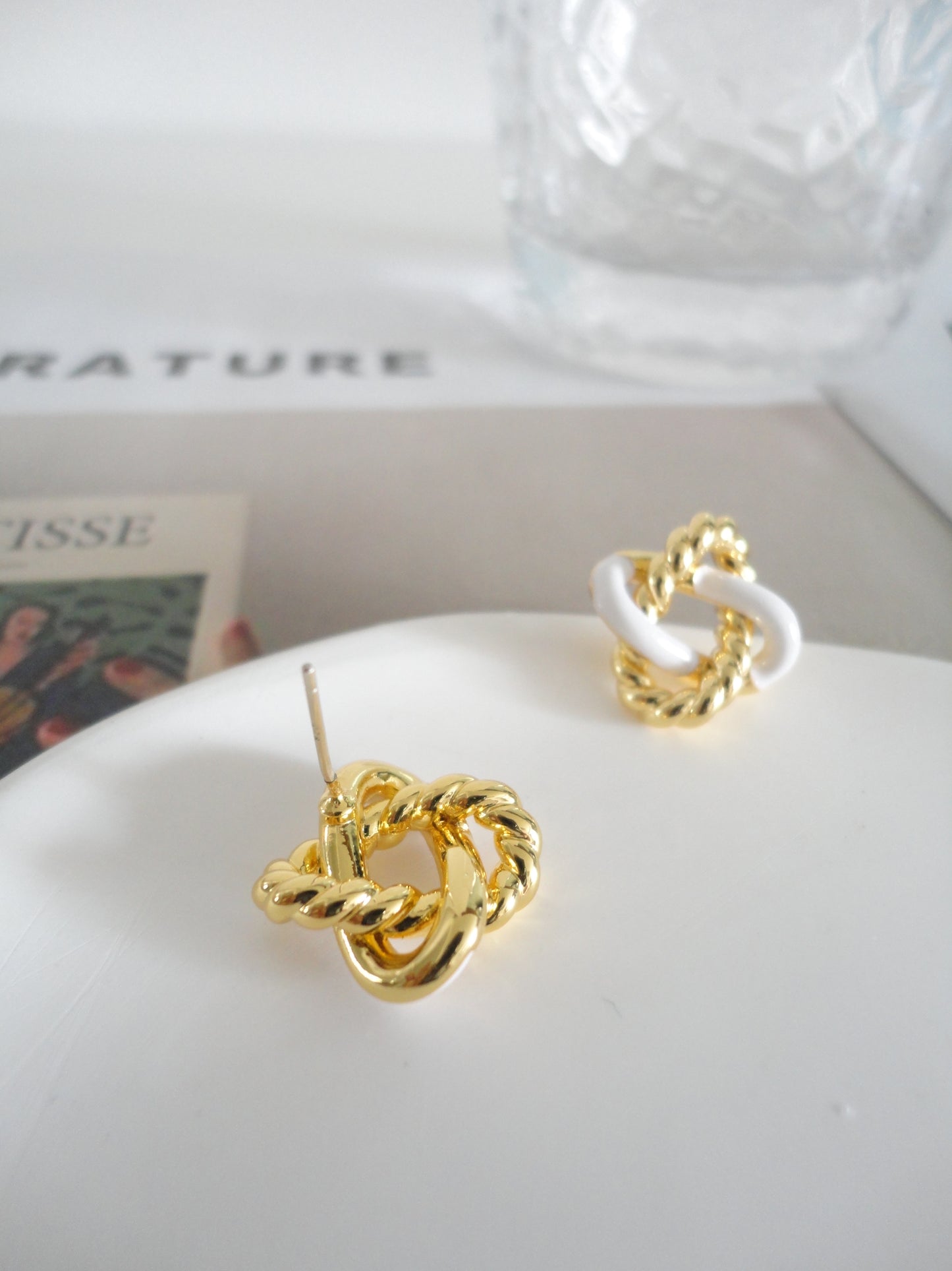 Golden and White Twist Stud Earrings