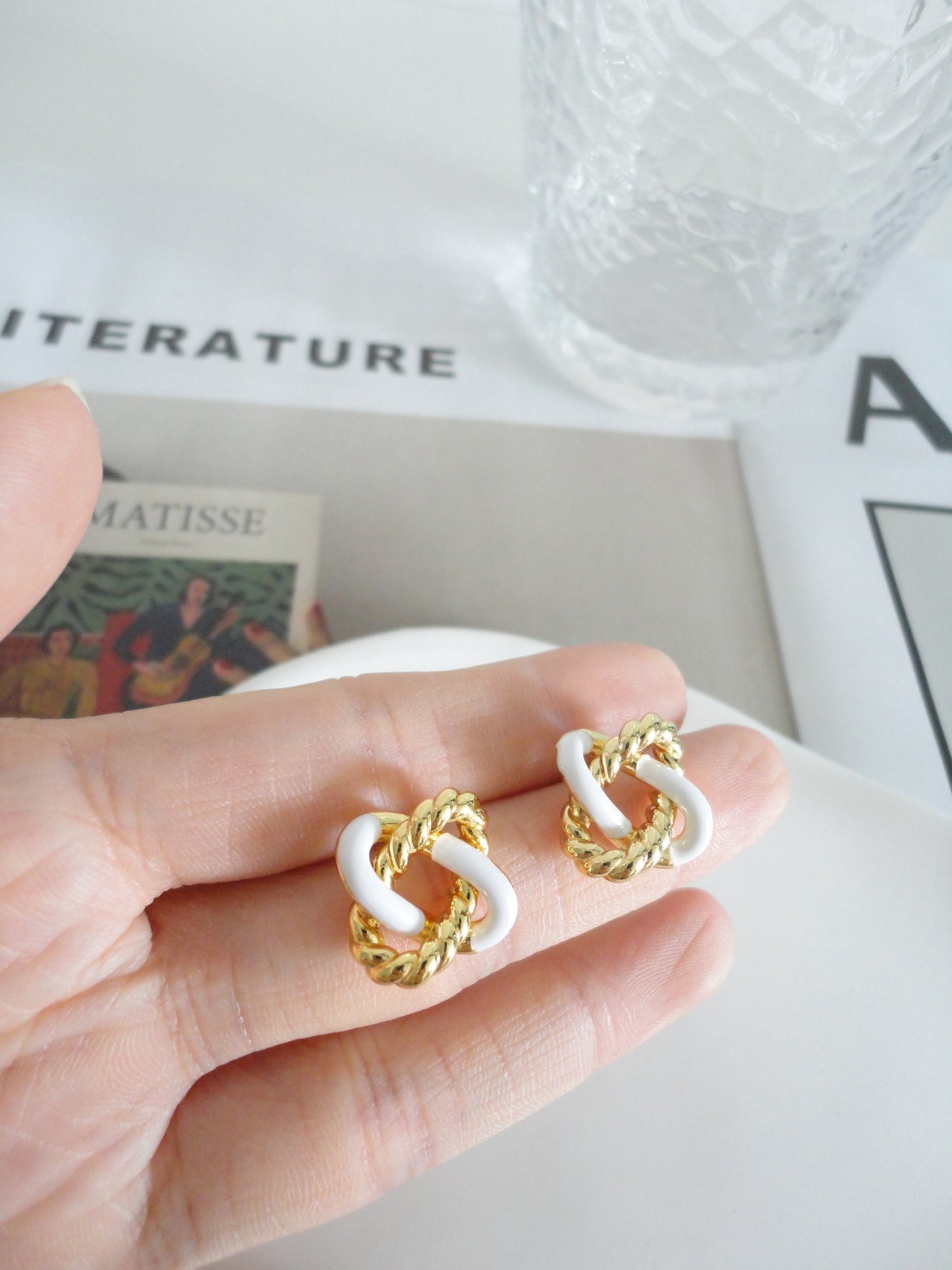 Golden and White Twist Stud Earrings