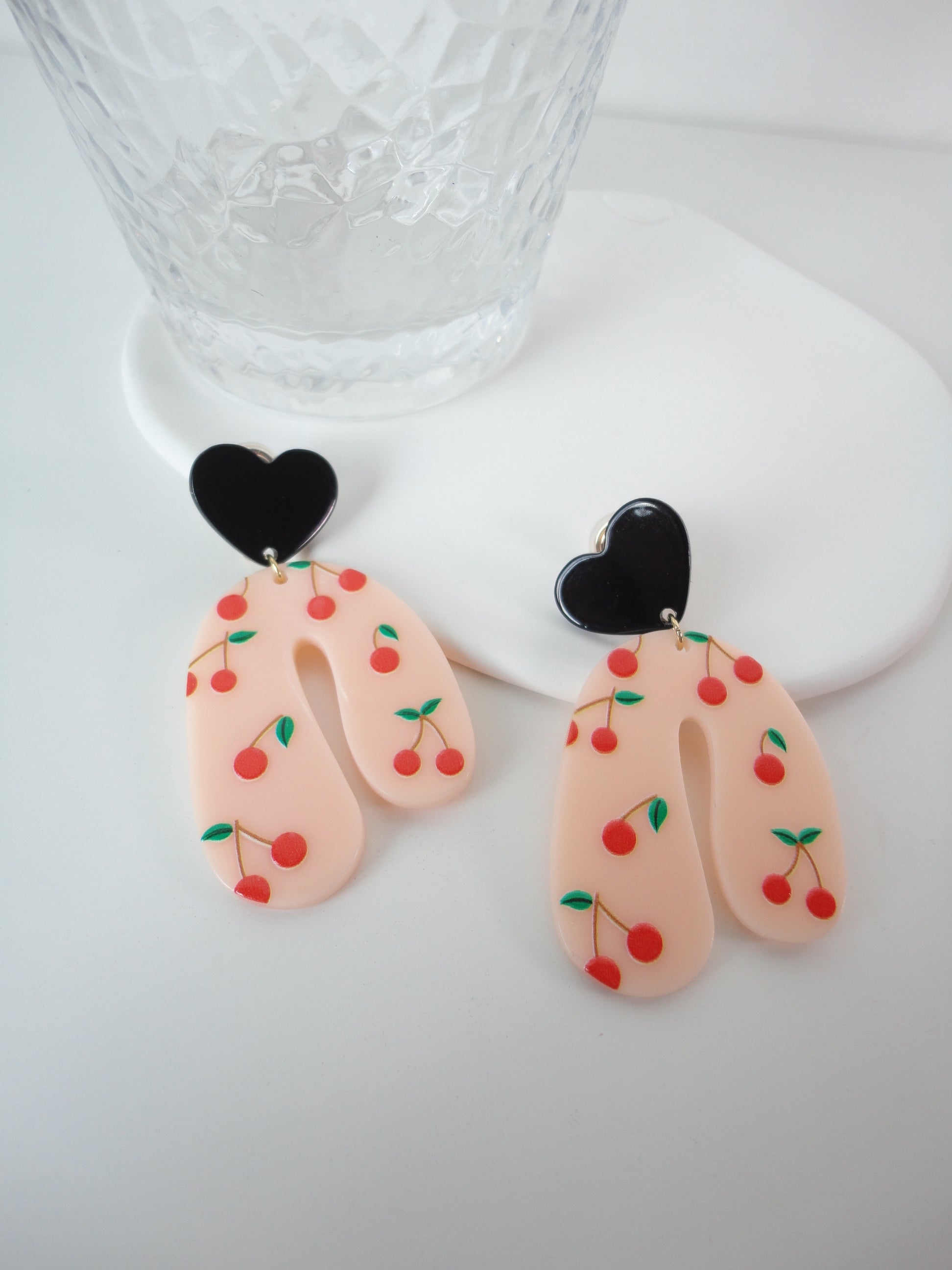 Heart and Cherry Pink Acrylic Clip On Earrings