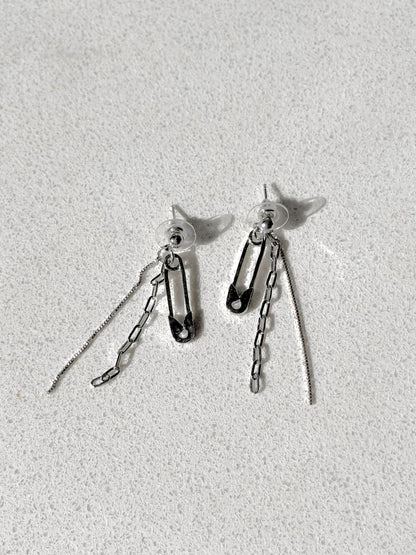 Silver Safety Pin Multi Chains Drop Earrings