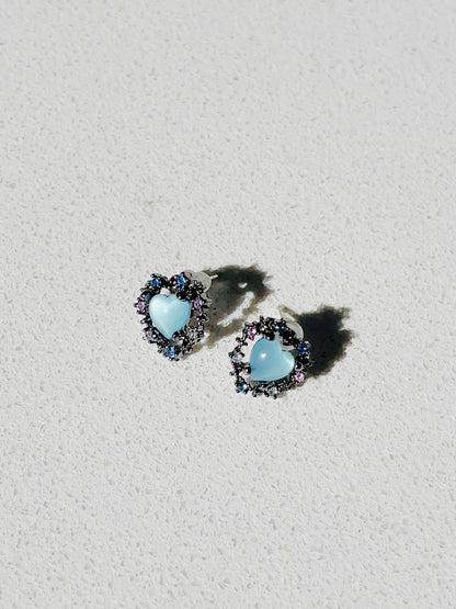 Black Crystal Blue Heart Stud Earrings