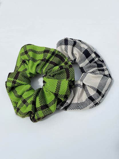 Linen Textured Scrunchie Black and Green Checked