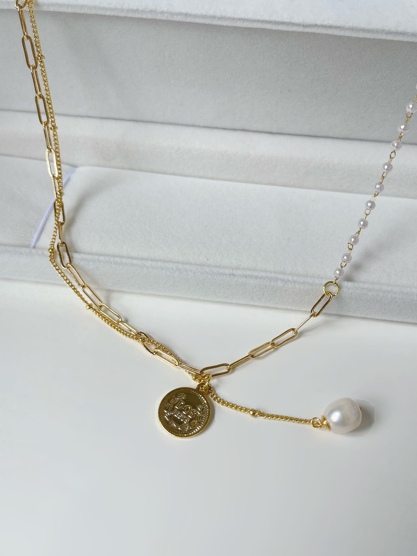 Golden Layered Coin and Pearl Necklace