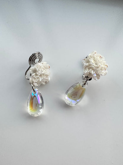 White Flower with Transparent Drop Clip On Earrings