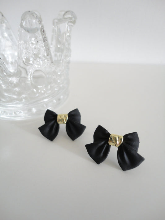 Golden Tied Black Bow Stud Earrings