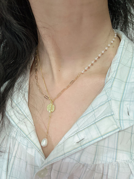 Golden Layered Coin and Pearl Necklace