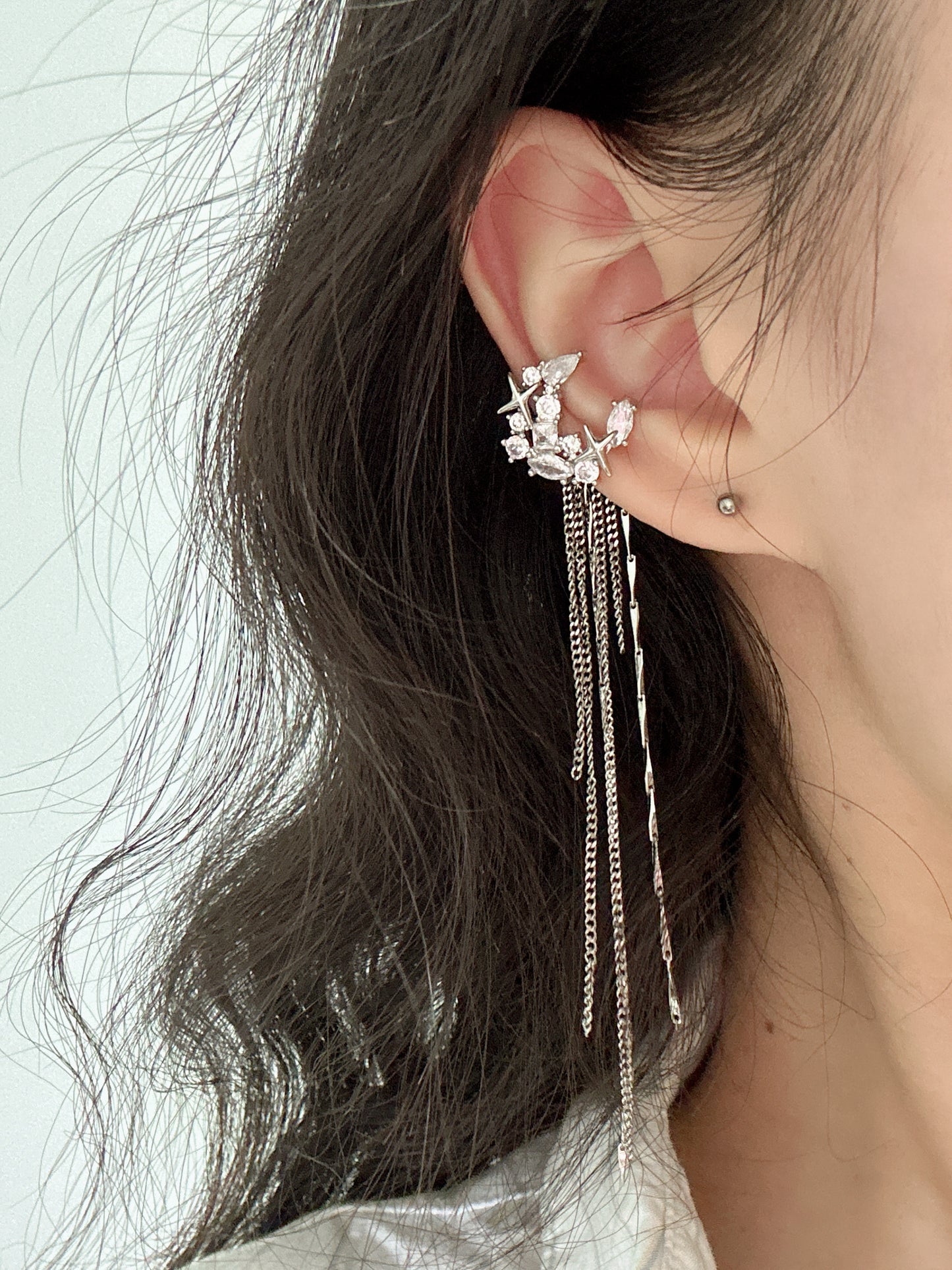 Zircon Moon Long Tassel Ear Cuffs