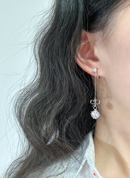 Silver Bow Zircon Long Drop Clip On Earrings