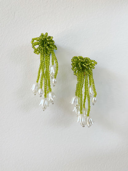 Green Beaded Tassel Bell Orchids Clip On Earrings