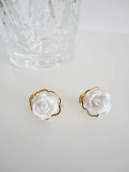 White Camellia with Golden Metal Base Cilp On Earrings