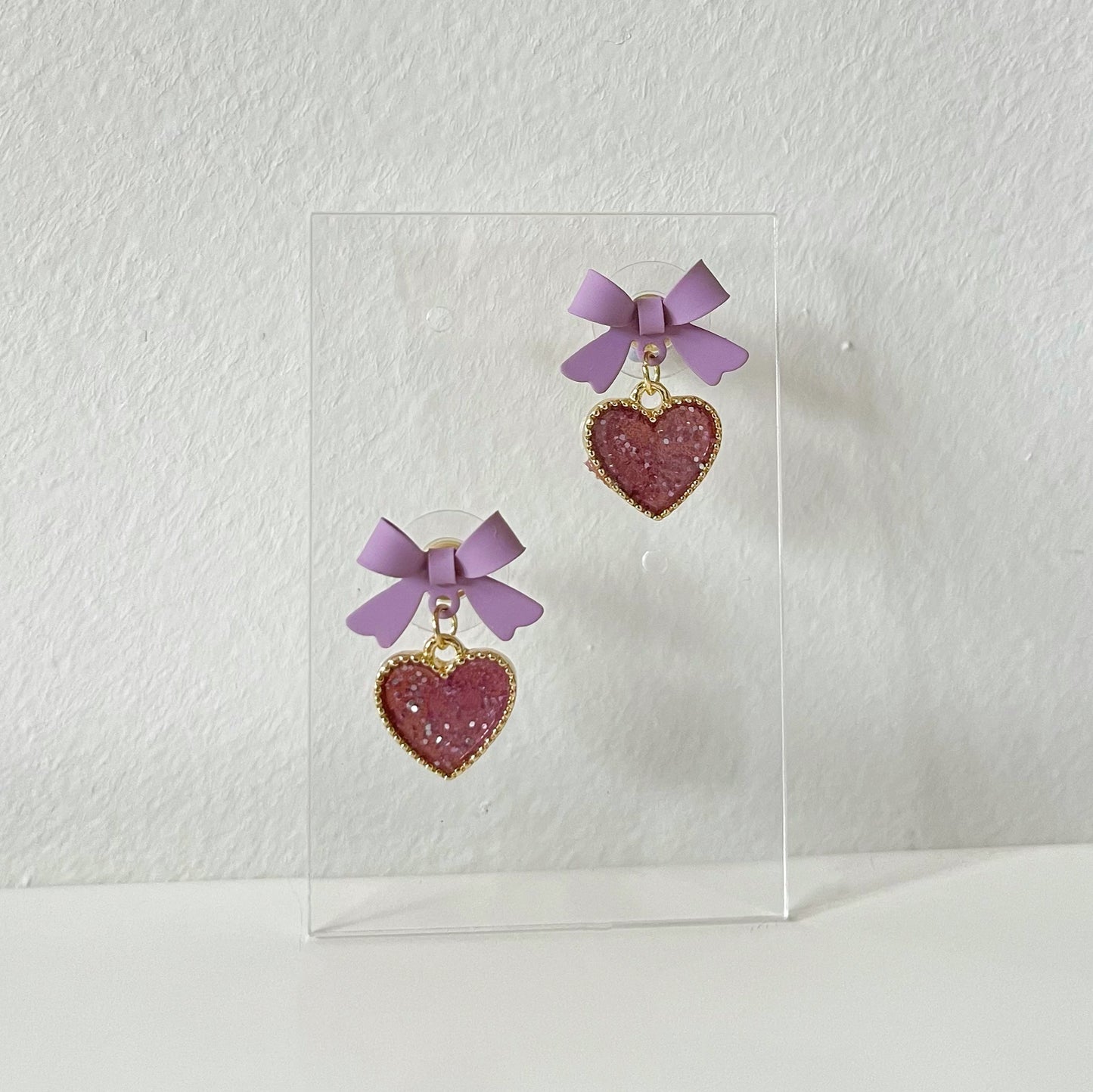 Bow with Heart Drop Earrings Purple