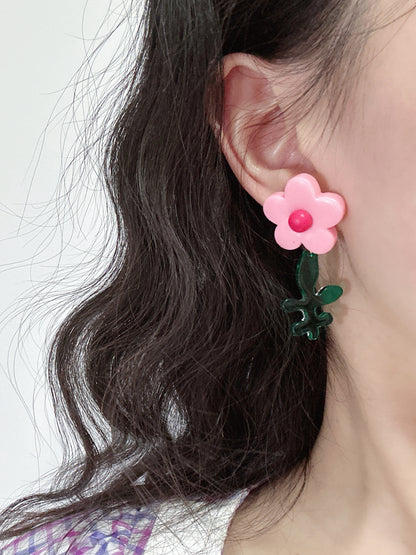 Pink Flower Drop Earrings