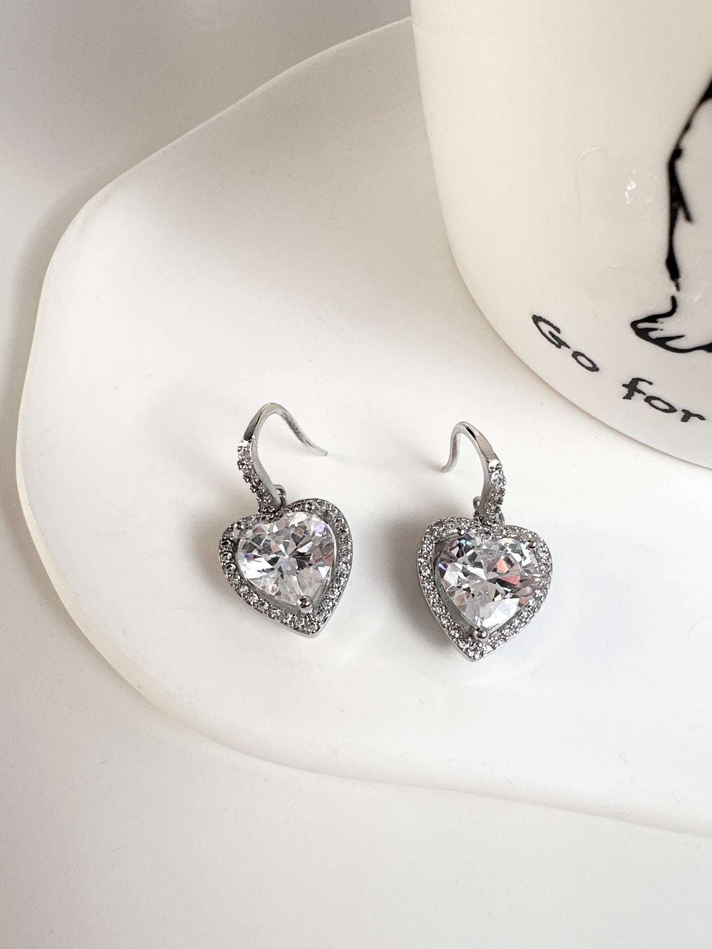 Silver Zircon One Heart Hook Earrings