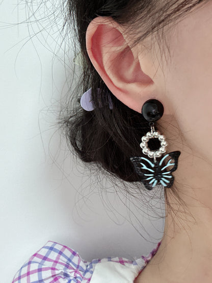 Black and Blue Butterfly Clip On Earrings