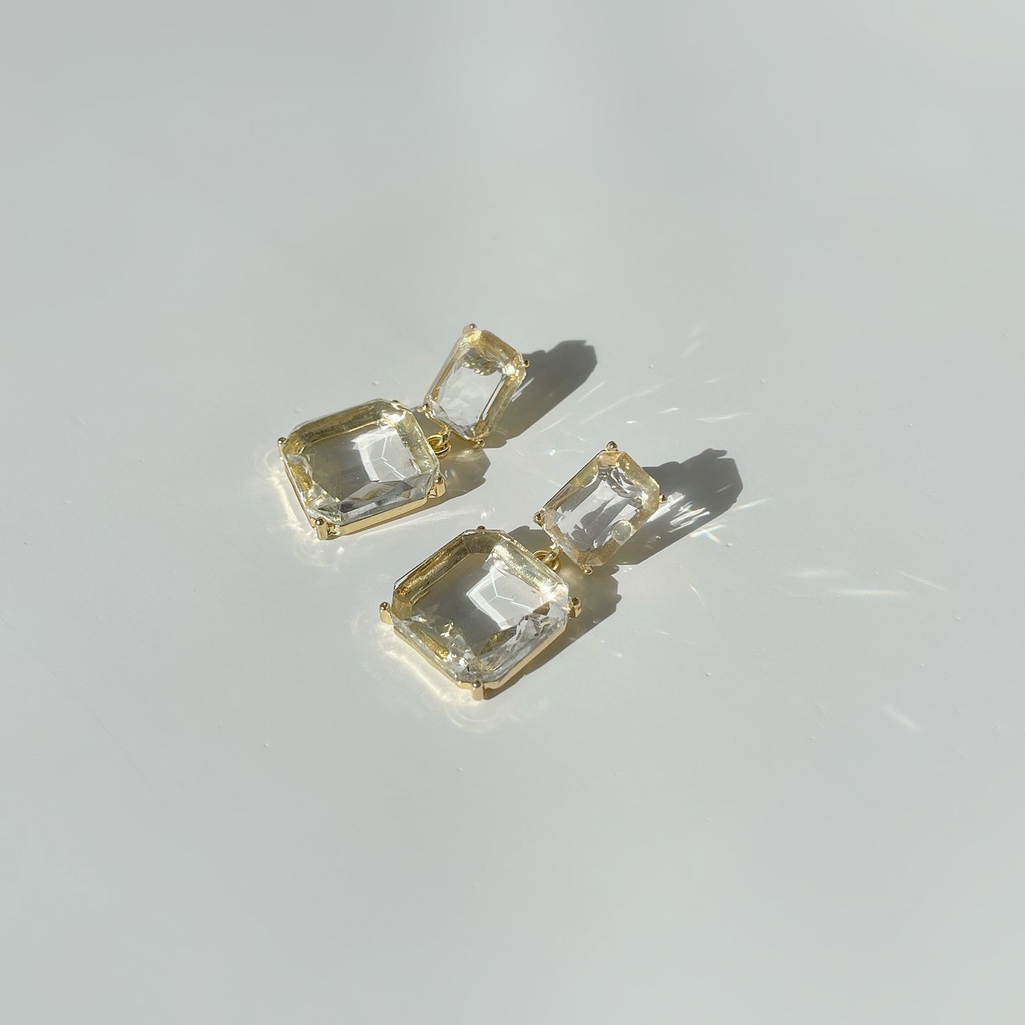 Double Faceted Glass Golden Frame Drop Earrings