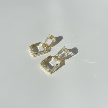 Double Faceted Glass Golden Frame Drop Earrings