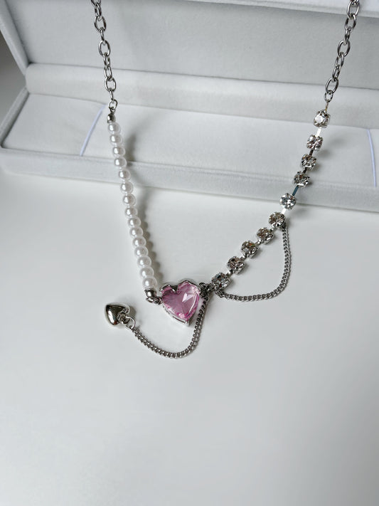 Zircon Pink Heart Pearlised Tassel Necklace