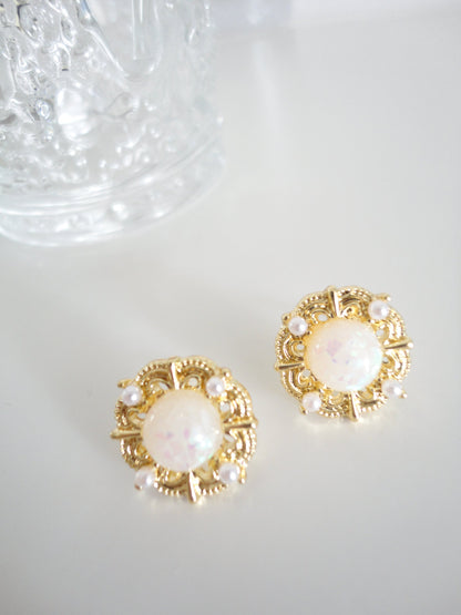 Golden Round Pearlised White Opal Stud Earrings. pearl, gold-tone clip-on earrings for women.