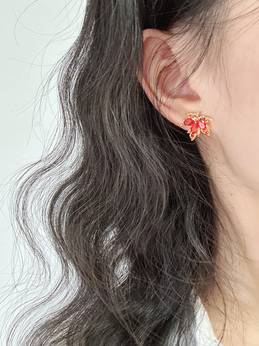 Zircon Red Maple Leaf Stud Earrings