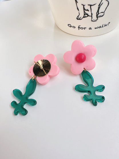 Pink Flower Drop Earrings