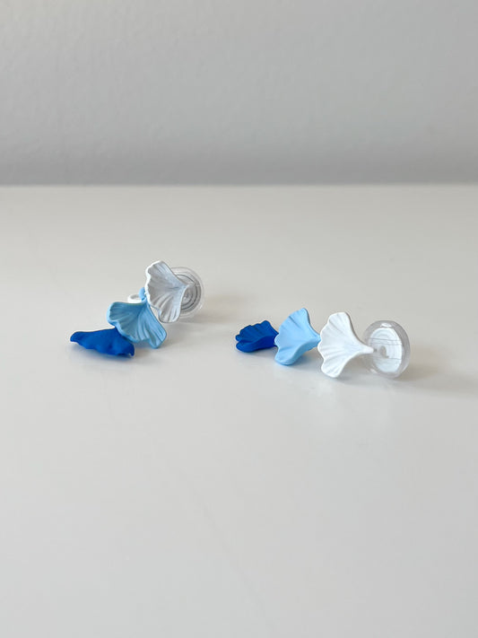 Blue and White Gingko Leaf Clip On Earrings