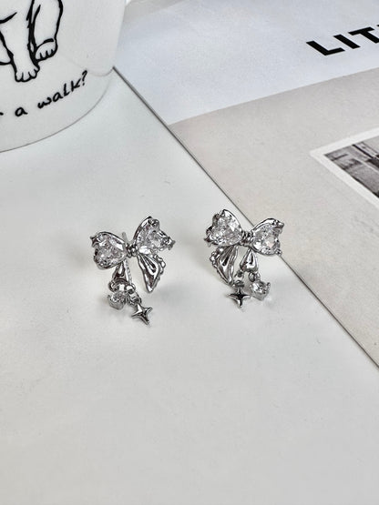 Zircon Bow with Pendant Stud Earrings