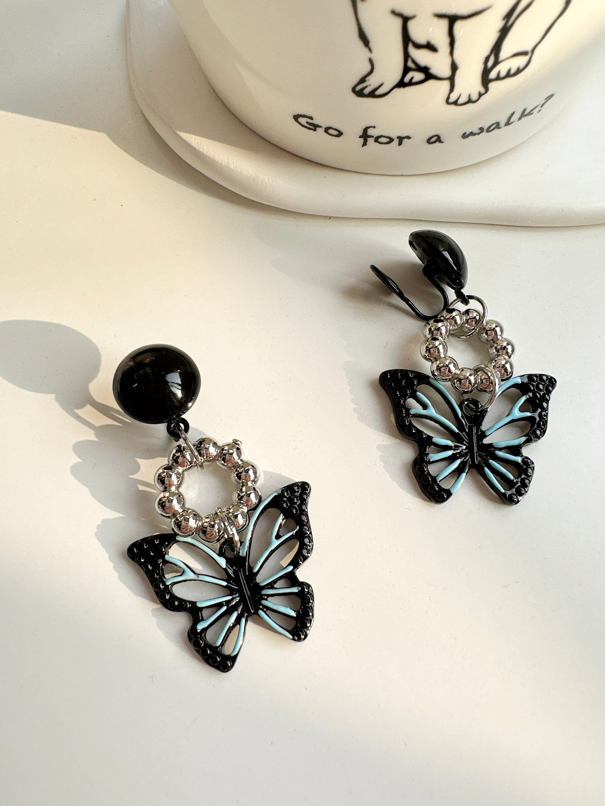 Black and Blue Butterfly Clip On Earrings