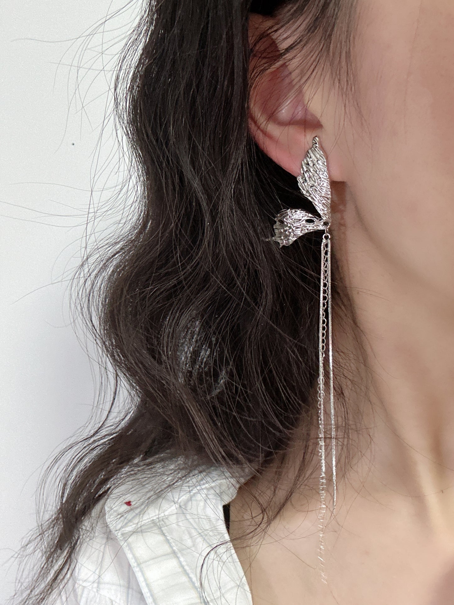 Silver Half Butterfly Long Tassel Clip On Earrings