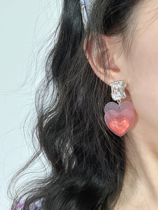 Pink Acrylic Double Heart Diamante Drop Earrings