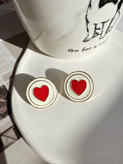 White Round Red Heart Stud Earrings