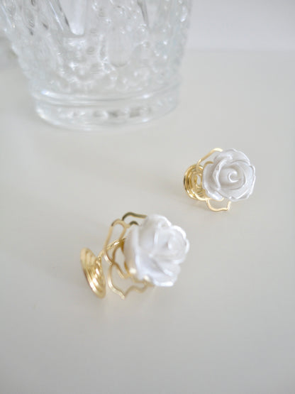 White Camellia with Golden Metal Base Cilp On Earrings