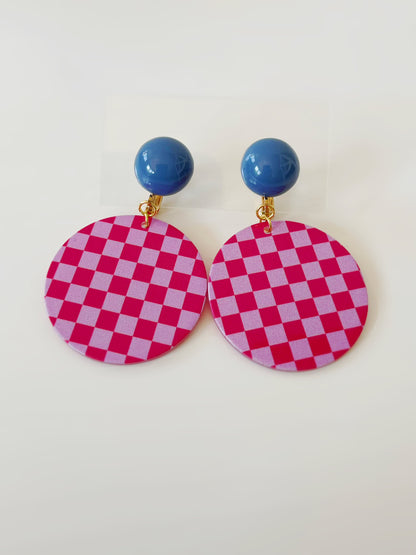 Acrylic Grid Clip On Earrings Rose Pink Round