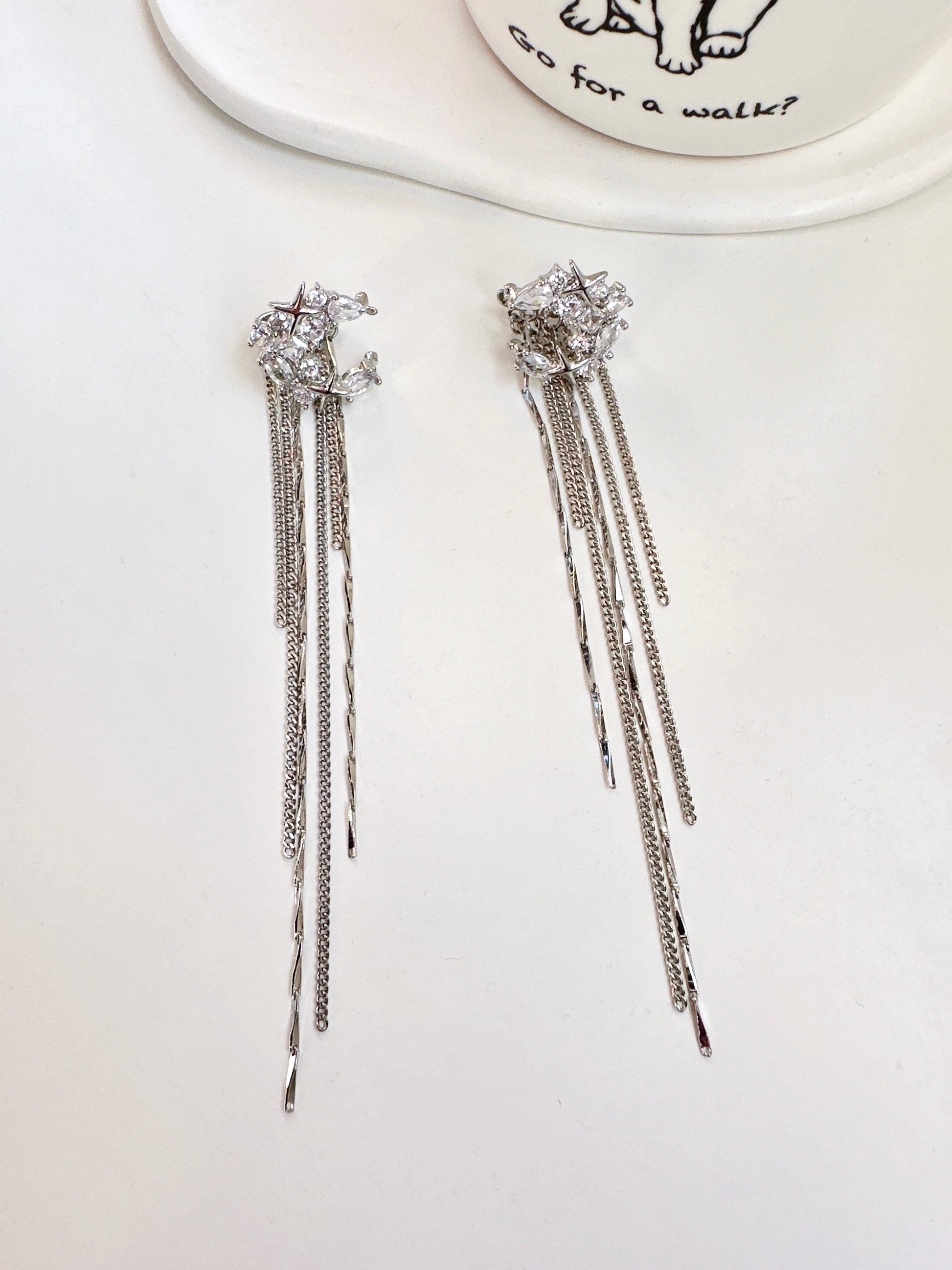 Zircon Moon Long Tassel Ear Cuffs