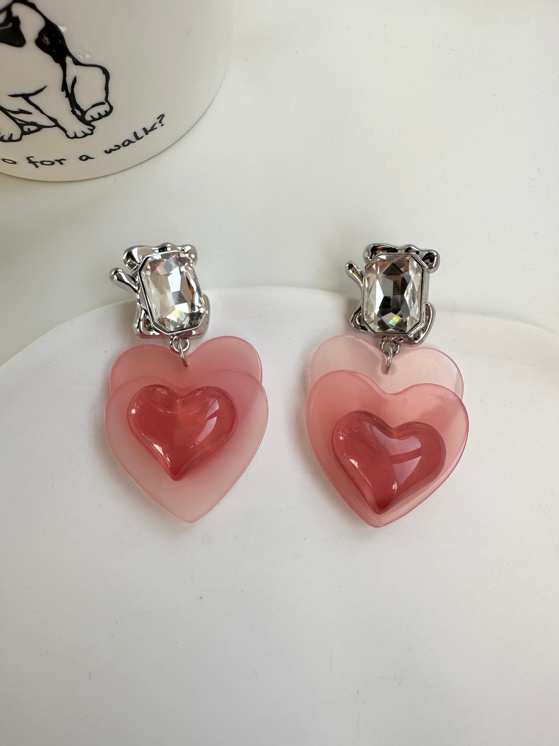 Pink Acrylic Double Heart Diamante Drop Earrings. vintage clip-on earrings for women.