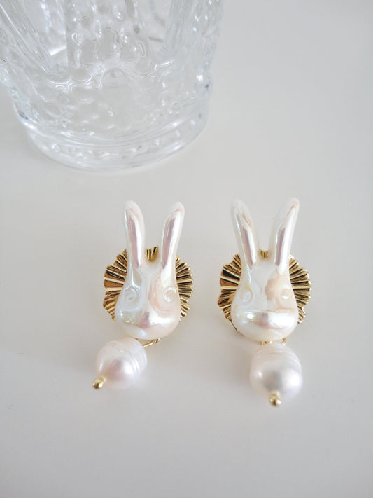 Baroque Freshwater Pearl White Rabbit Drop Clip On Earrings