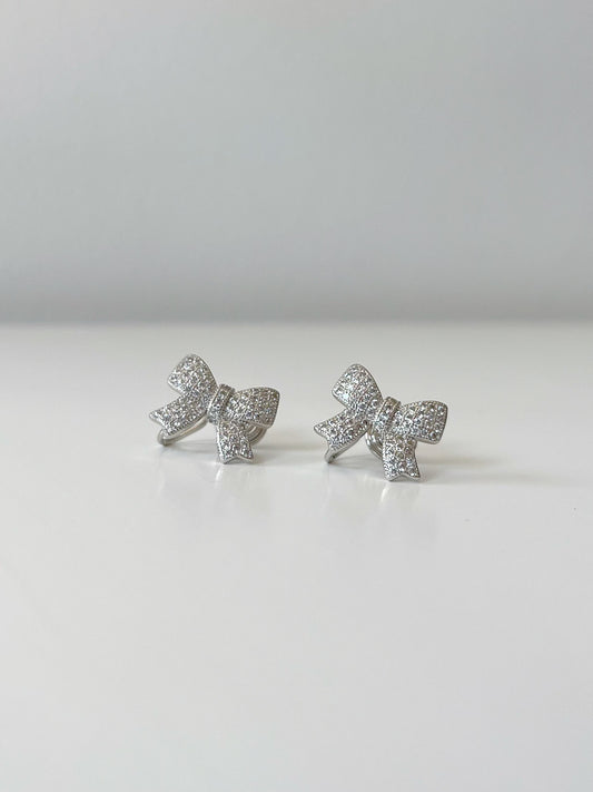 Silver Diamante Bow Clip On Earrings