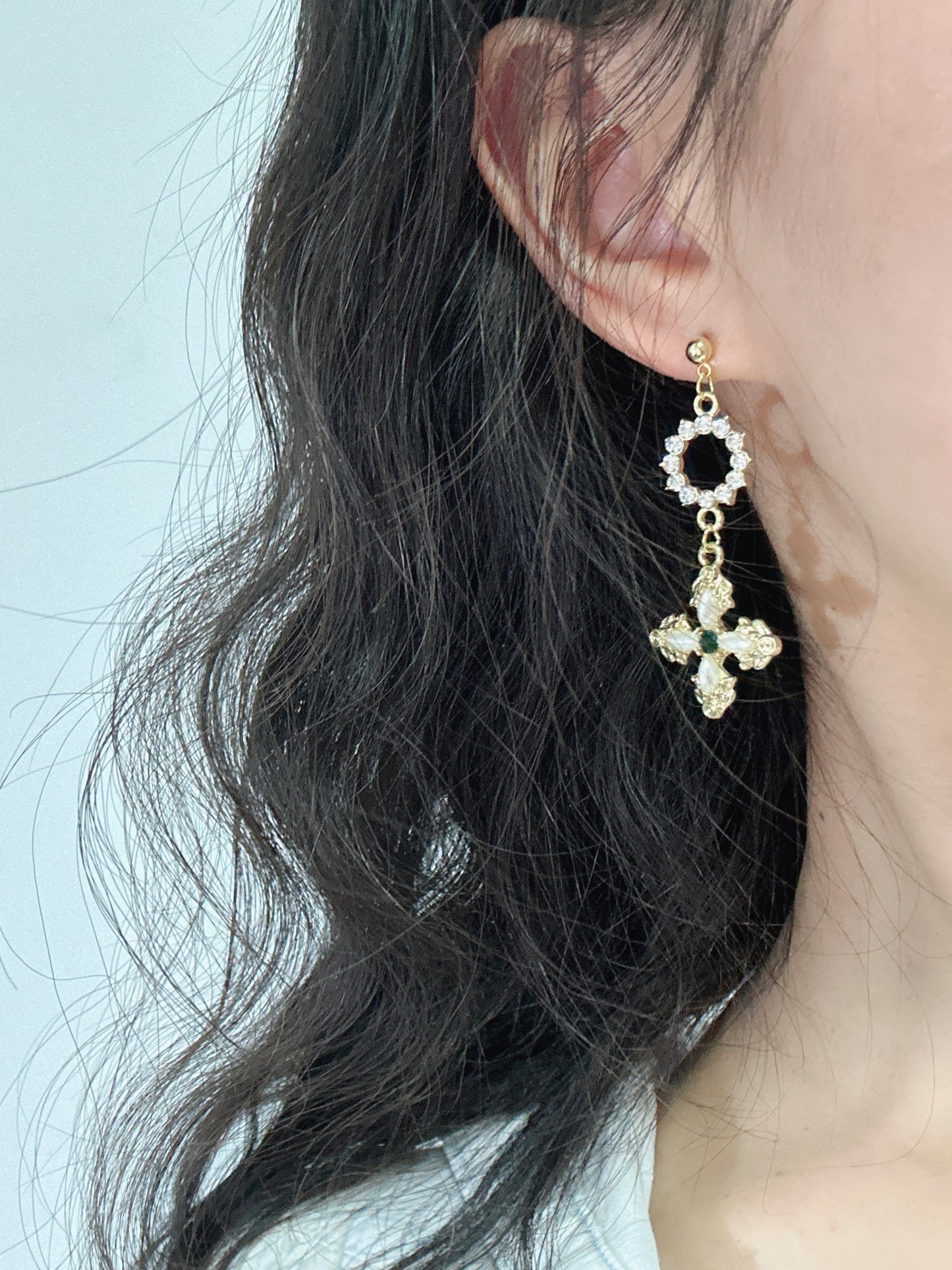 Golden Diamante Cross Drop Earrings