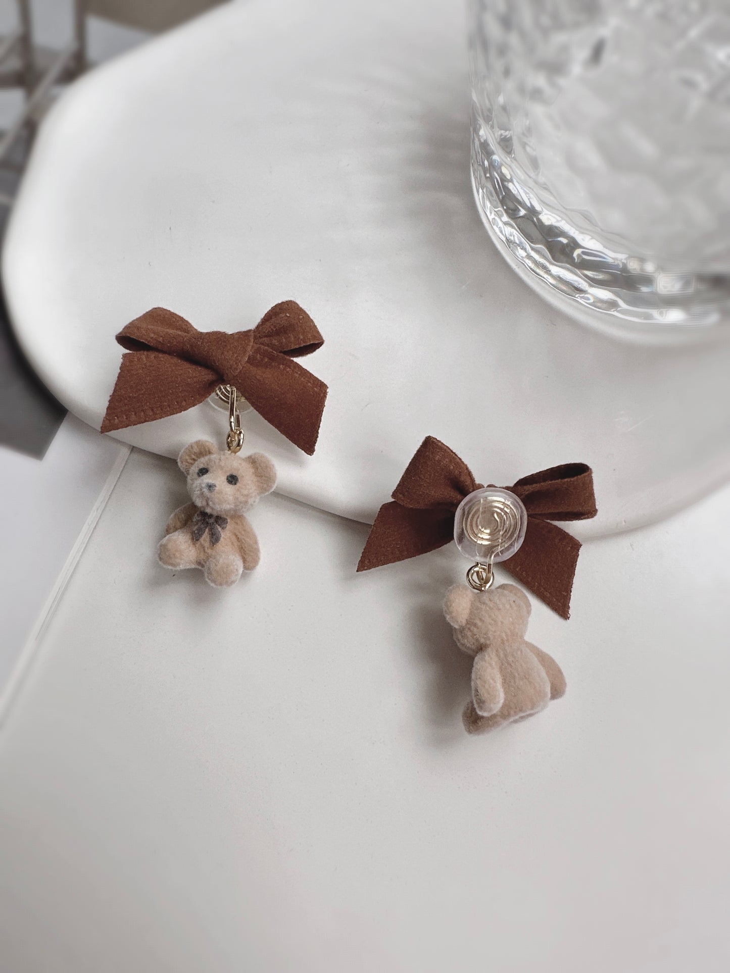 Brown Bow and Bear Clip On Earrings