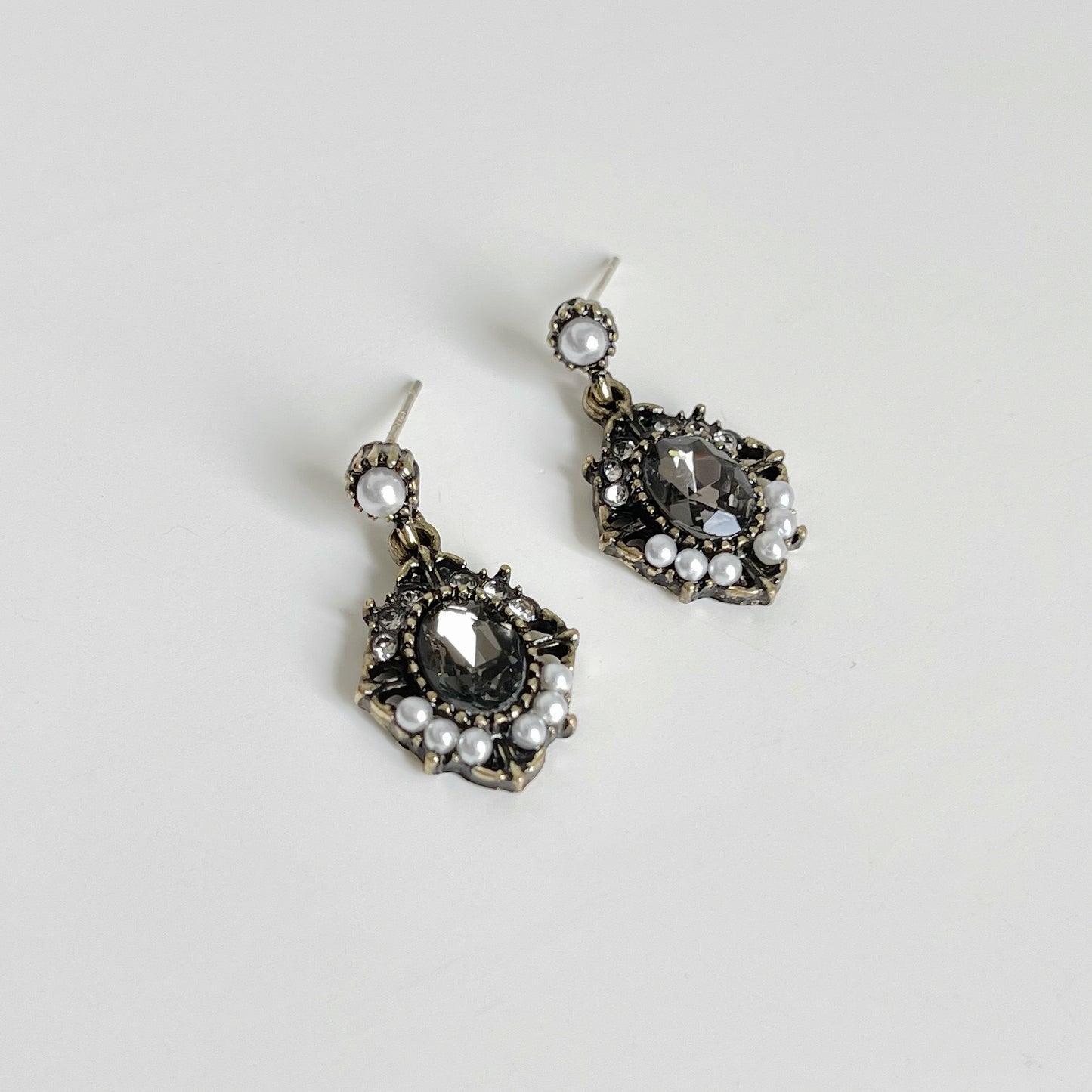 Black Crystal Pearlised Drop Earrings. pearl clip-on earrings for women.