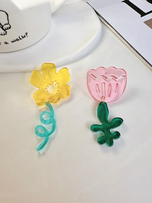 Yellow and Pink Mismatch Acrylic Flower Earrings