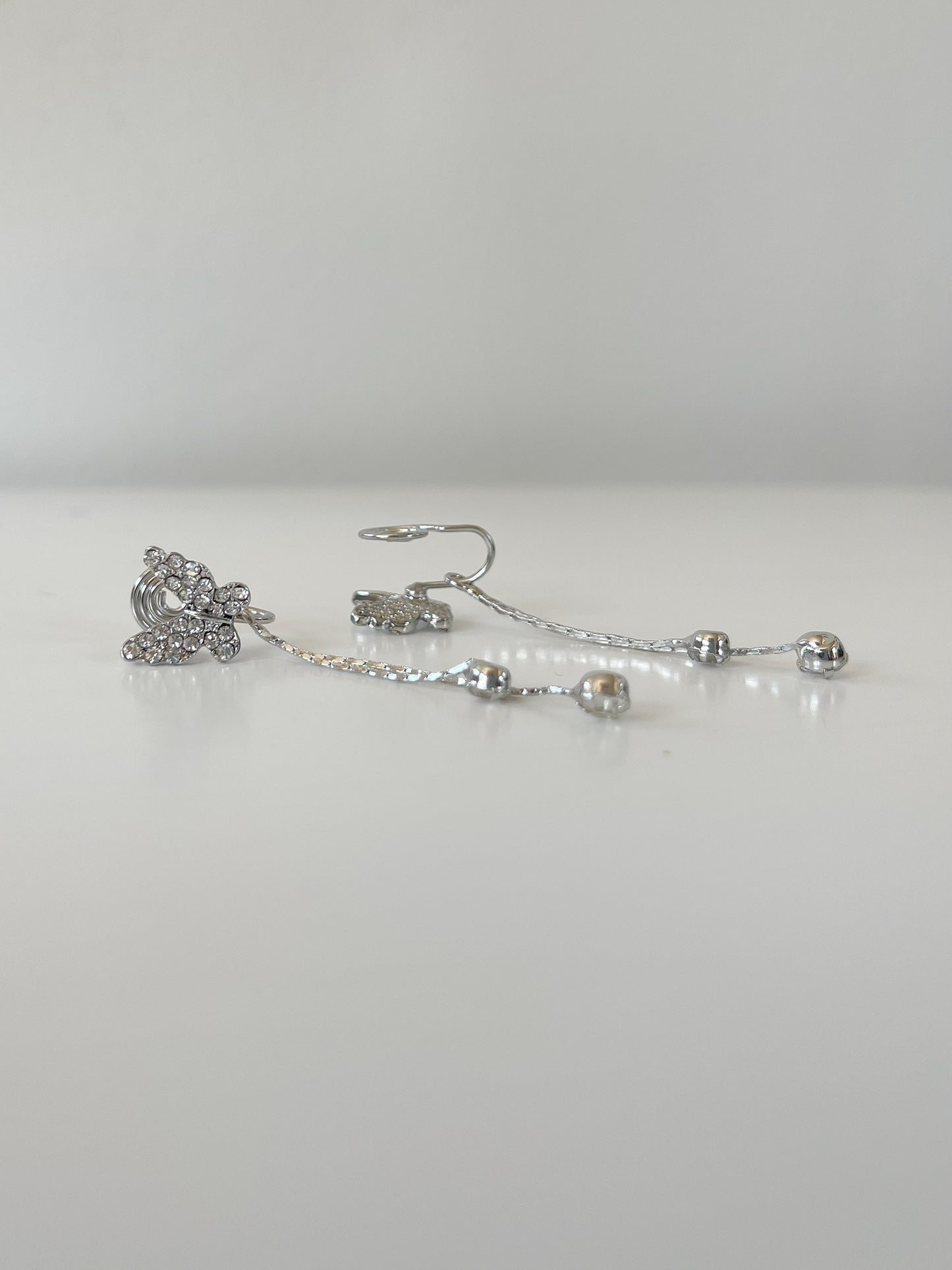 Silver Diamante Butterfly Tassel Clip On Earrings