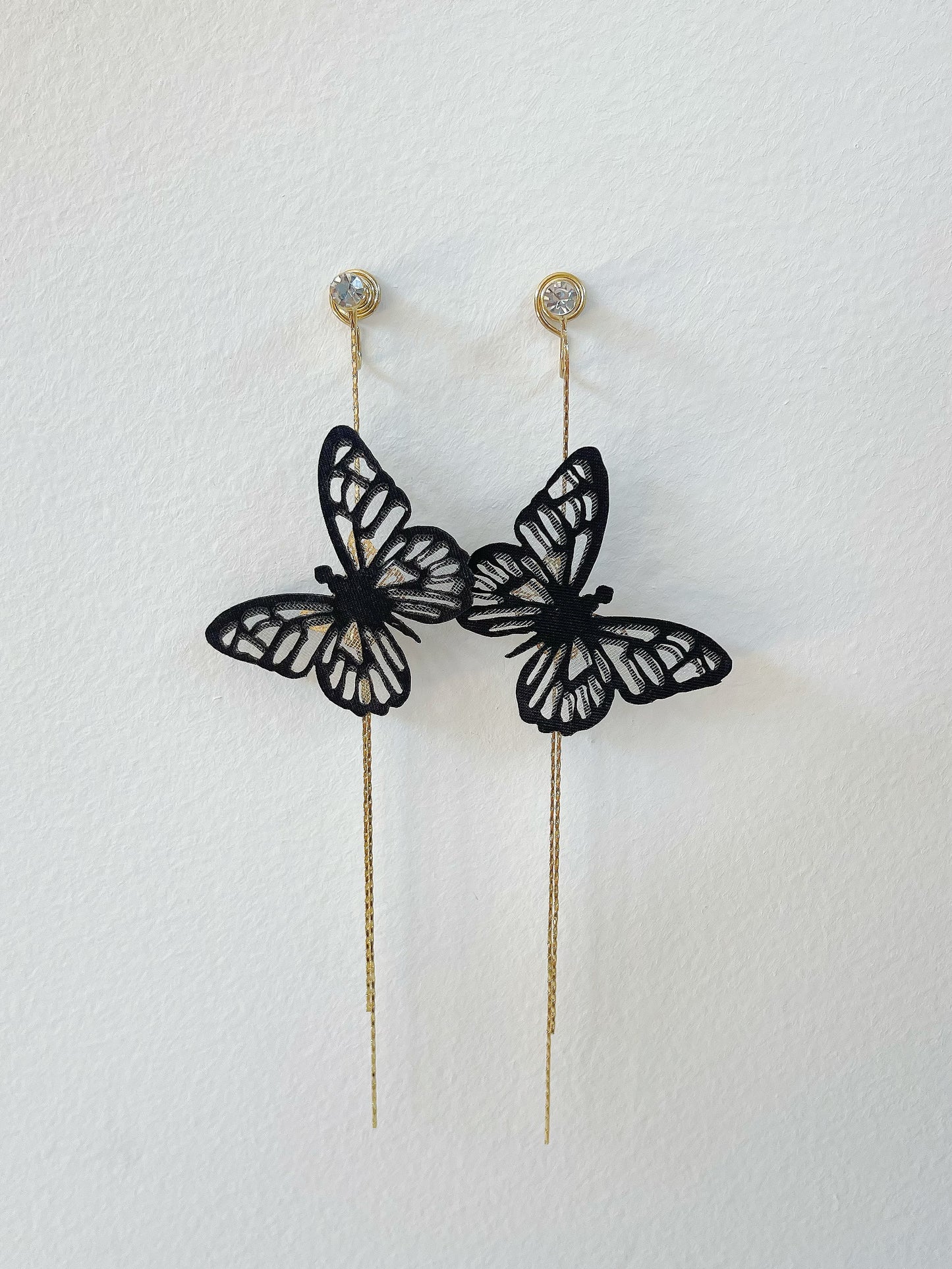 Black Butterfly Long tassel Clip On Earrings